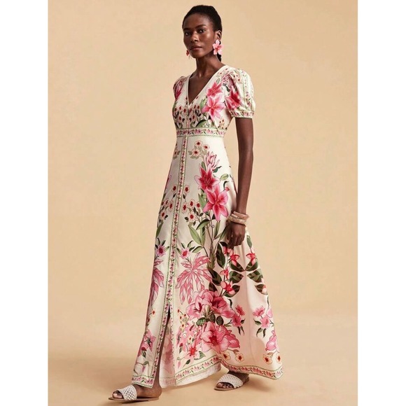 Pink Tropical Floral V-Neck Button Front Maxi Dress Size Large Cream - Picture 2 of 13